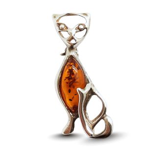 Borostyán cica ezüst bross