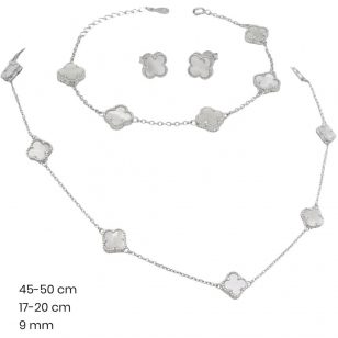   Gyöngyház ezüst ékszer szett nyakék karkötő fülbevaló négylevelű lóhere